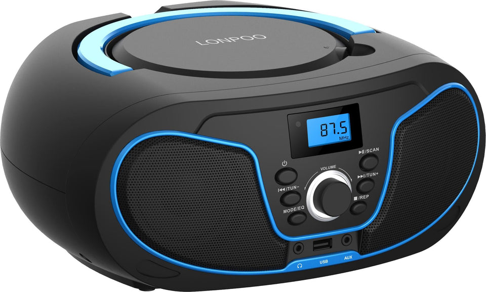 LONPOO front view showing compact boombox and clear stereo benefit