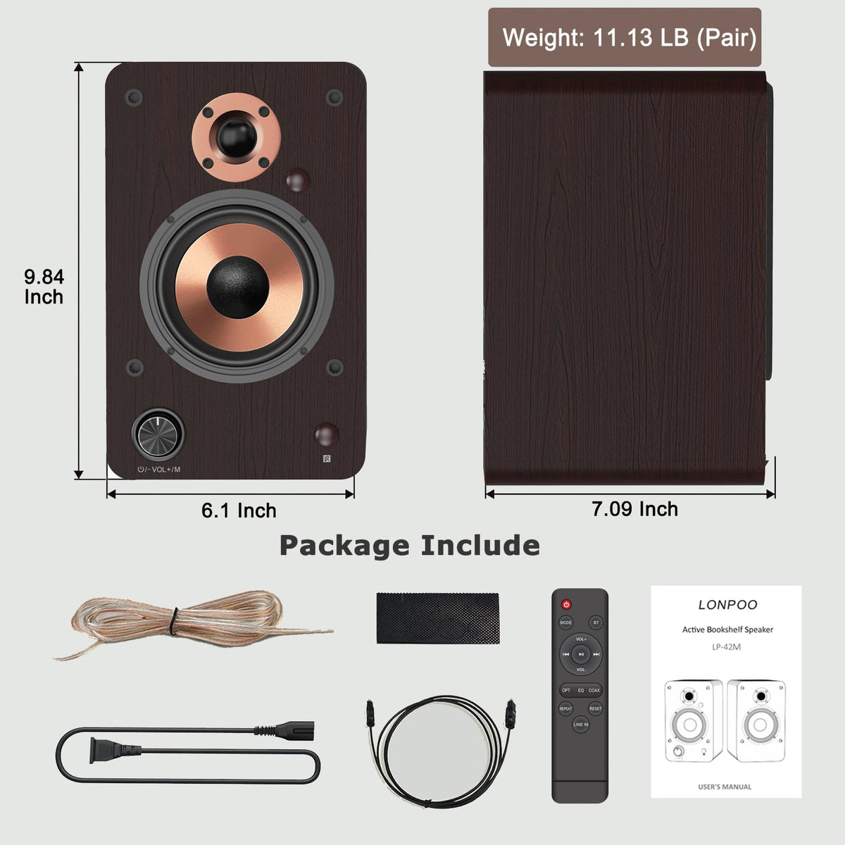 LONPOO LP-42M next to a book to show compact bookshelf scale and fit