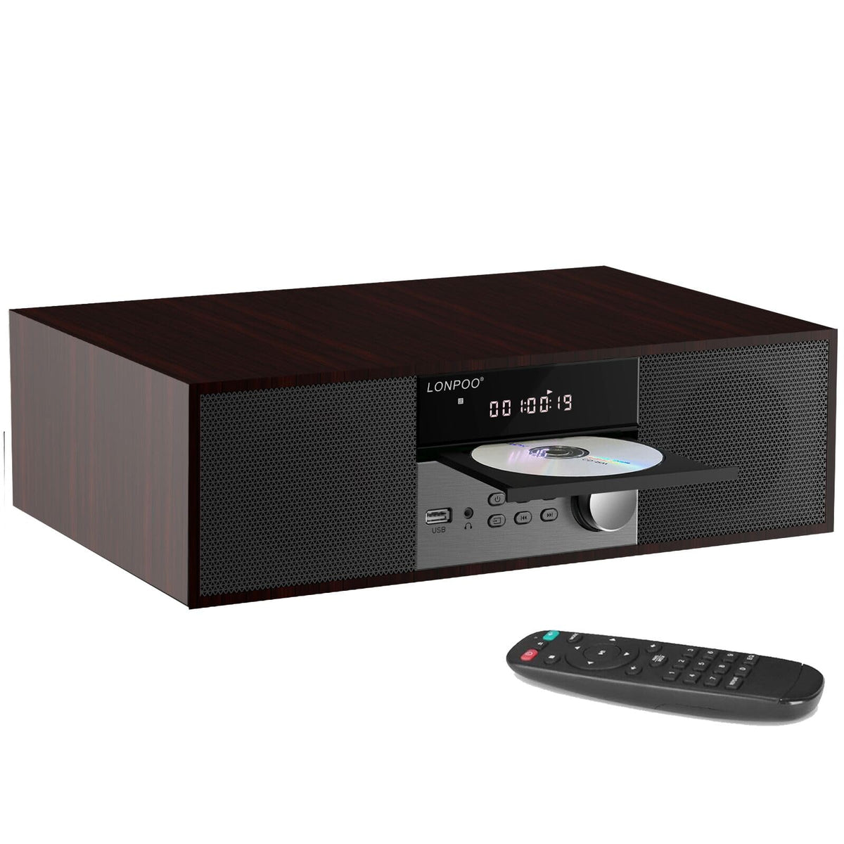 LONPOO LP-816 front view, compact shelf stereo ideal for small living rooms.