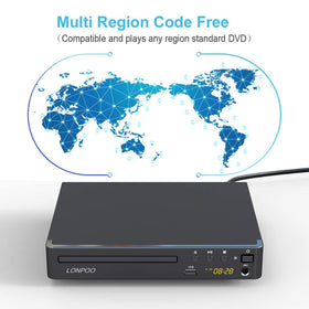 LONPOO region-free HD DVD player back panel with HDMI and USB ports for flexible connections