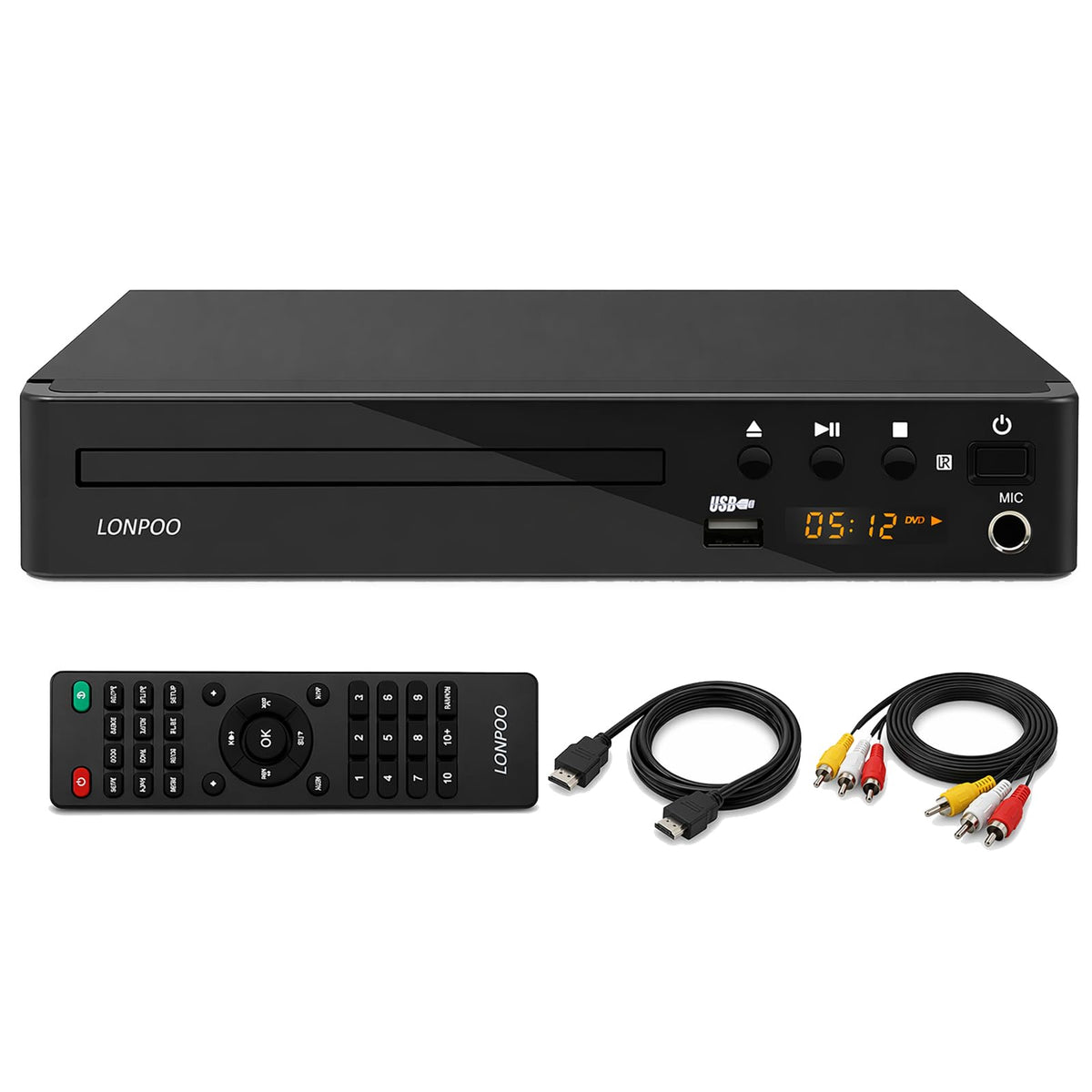 LONPOO region-free HD DVD player front view for quick setup and everyday viewing