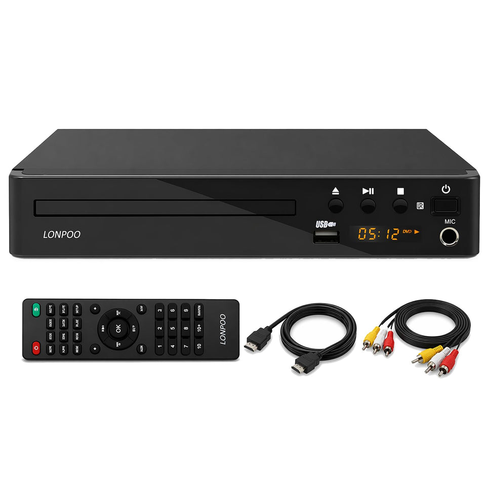 LONPOO region-free HD DVD player front view for quick setup and everyday viewing