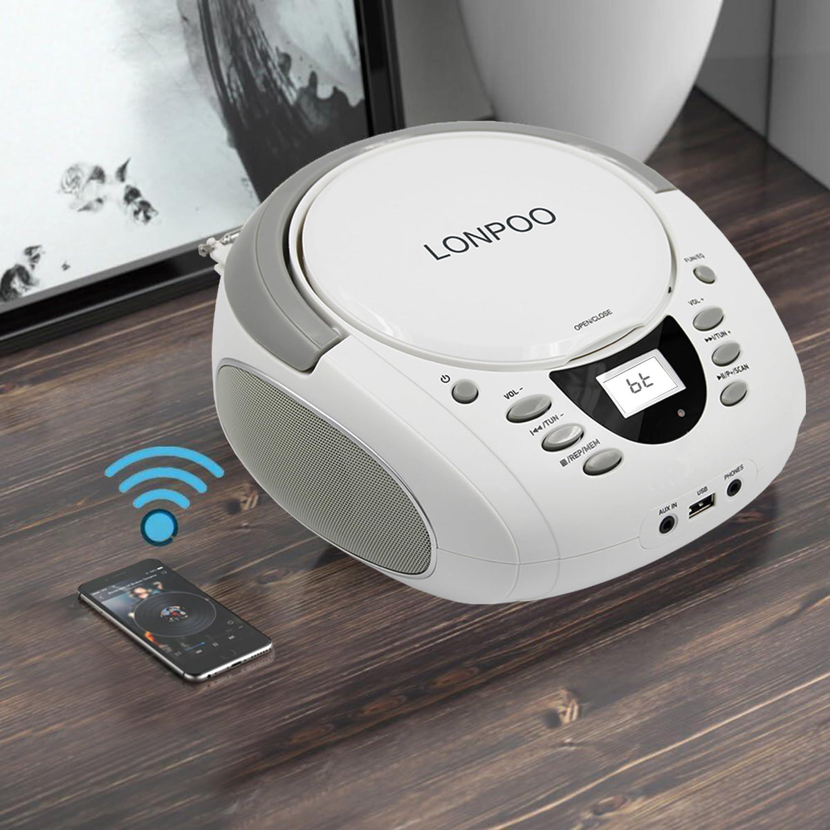 LONPOO side view showing headphone and AUX ports for private listening and wired input