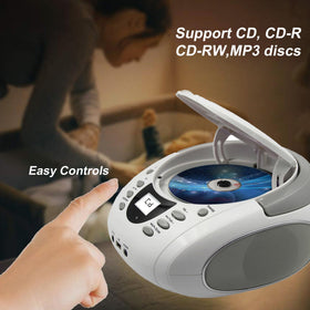 LONPOO top-loading CD lid open displaying disc tray for easy MP3 and CD playback