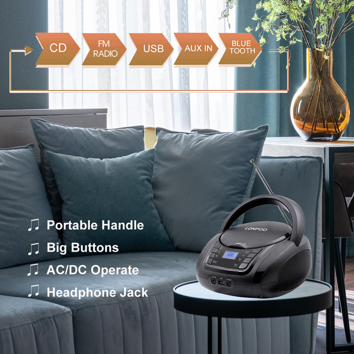 LONPOO top-loading CD tray open highlighting CD playback convenience