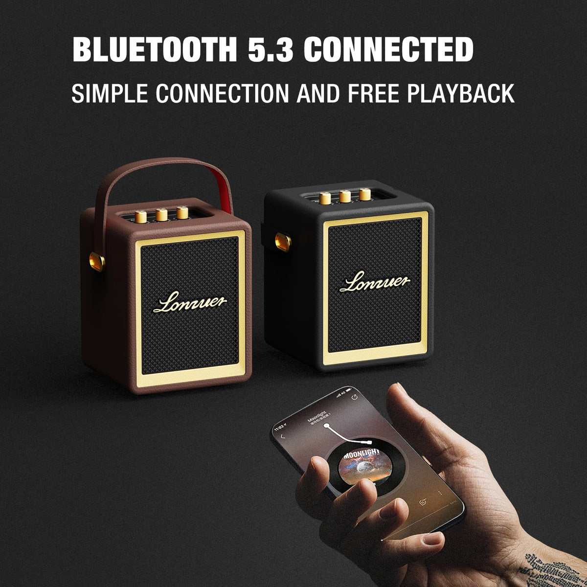 Lonzuer TWS pairing links two speakers for wider, surround-like sound.