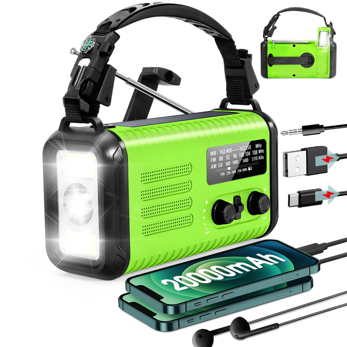 LOOFHIEN Emergency Radio front view showing a high-capacity battery for power.
