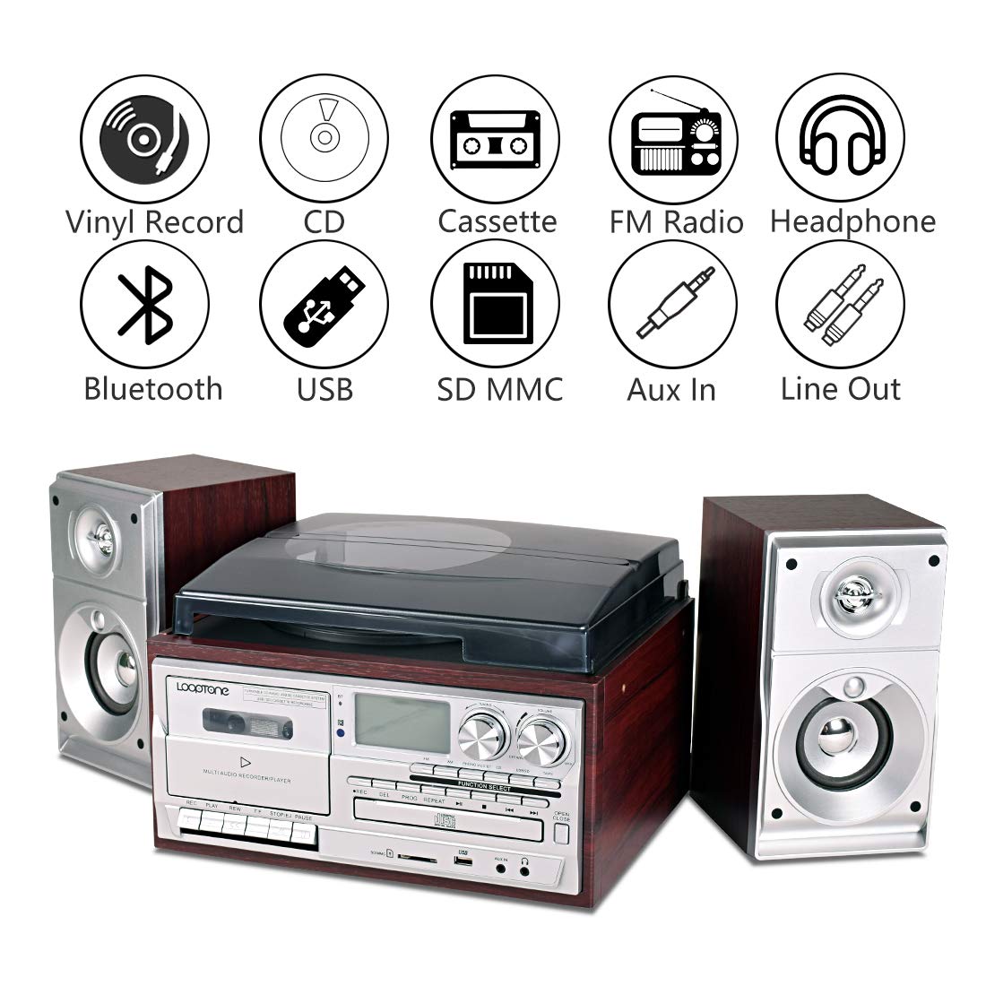 LoopTone 9-in-1 turntable Bluetooth setup showcasing retro design.