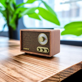 LoopTone on a bedside table, warm wood design creating cozy atmosphere