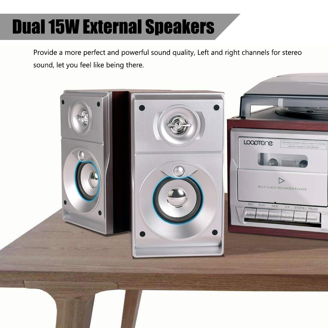 LoopTone dual 15W speakers close-up for rich, loud sound.
