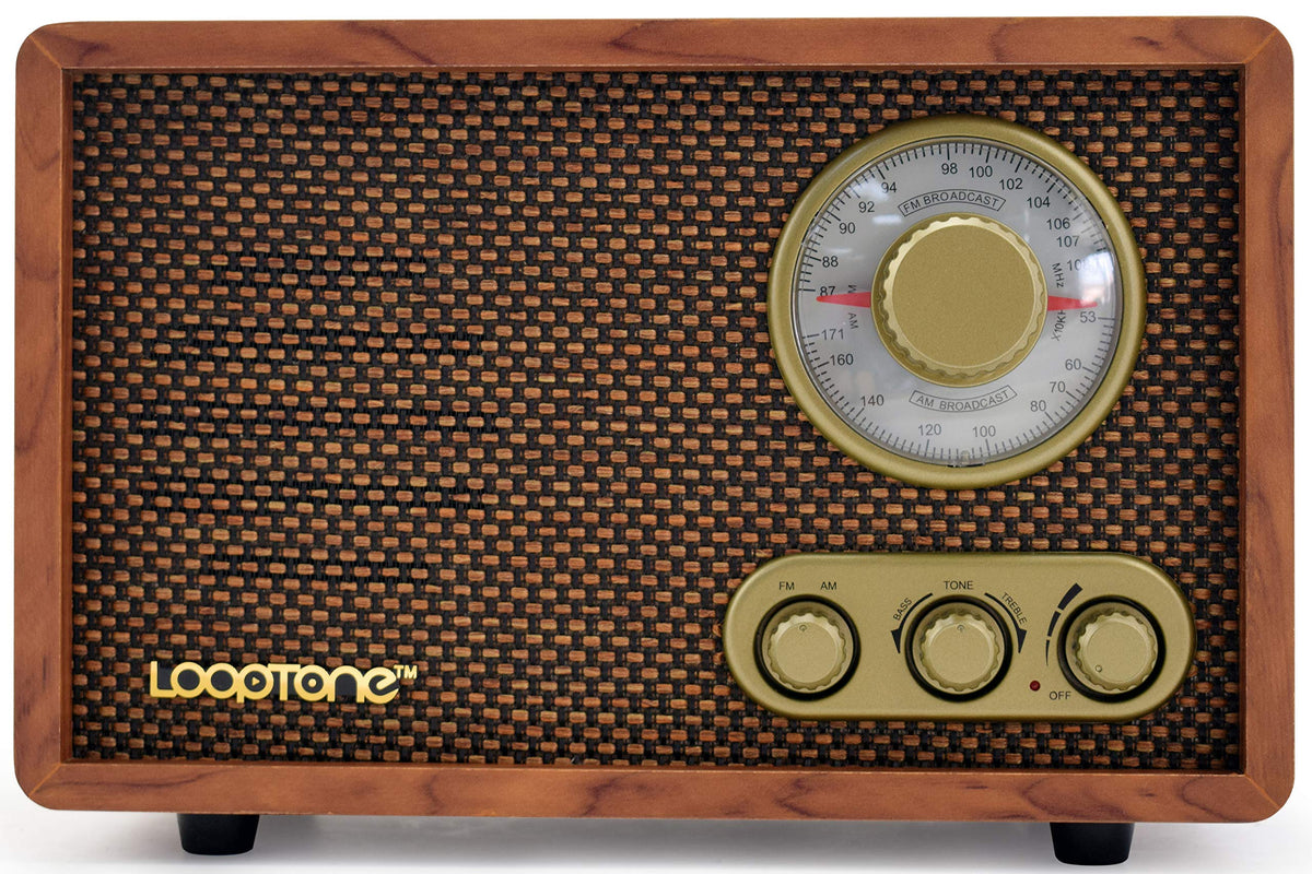 LoopTone front view of retro radio showing wood finish and controls, great vintage look