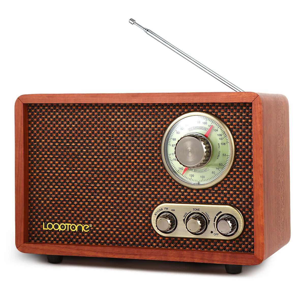 LoopTone front view of vintage wood radio showing rotary knob and speaker benefits