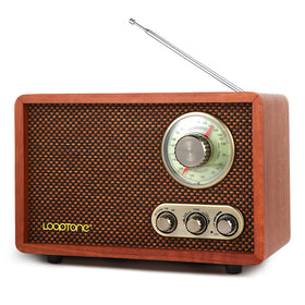LoopTone front view of vintage wood radio showing rotary knob and speaker benefits