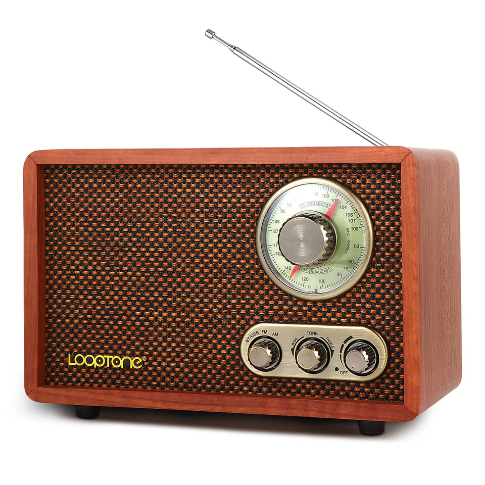 LoopTone front view of vintage wood radio showing rotary knob and speaker benefits