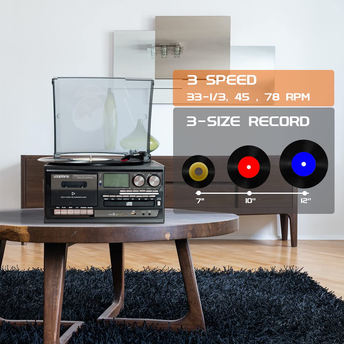 LoopTone 9-in-1 black top view shows vintage aesthetic and compact footprint.