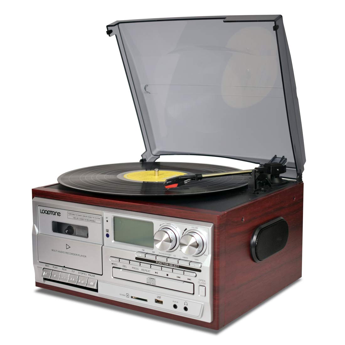 LoopTone 9-in-1 vinyl player front view in wood cabinet for versatile playback
