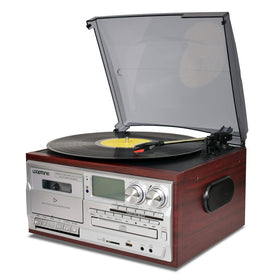 LoopTone 9-in-1 vinyl player front view in wood cabinet for versatile playback