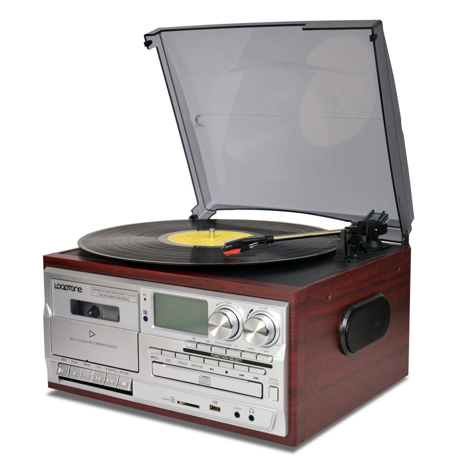 LoopTone 9-in-1 vinyl player front view in wood cabinet for versatile playback