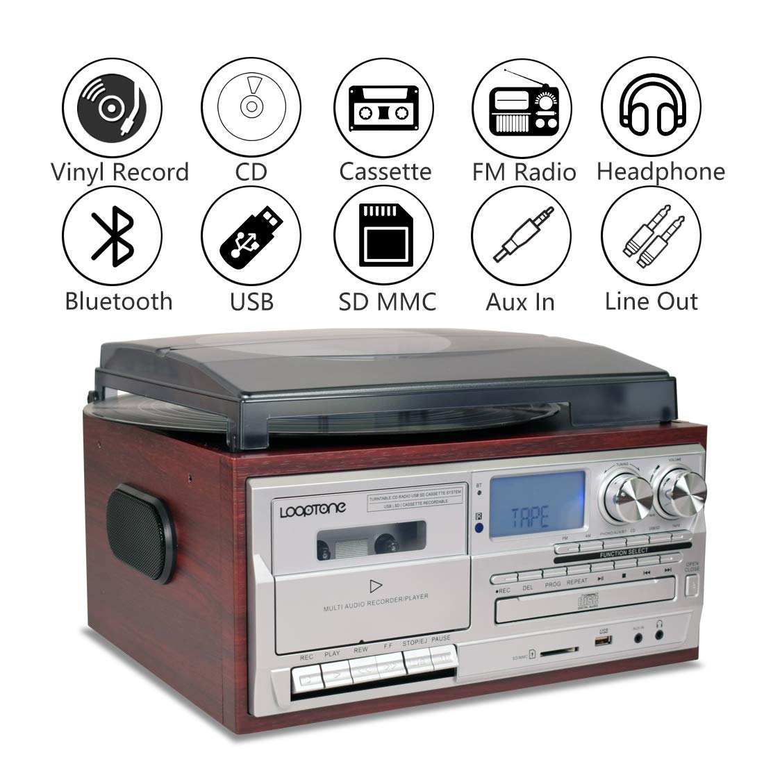 LoopTone 9-in-1 vinyl player side panel showing controls and Bluetooth