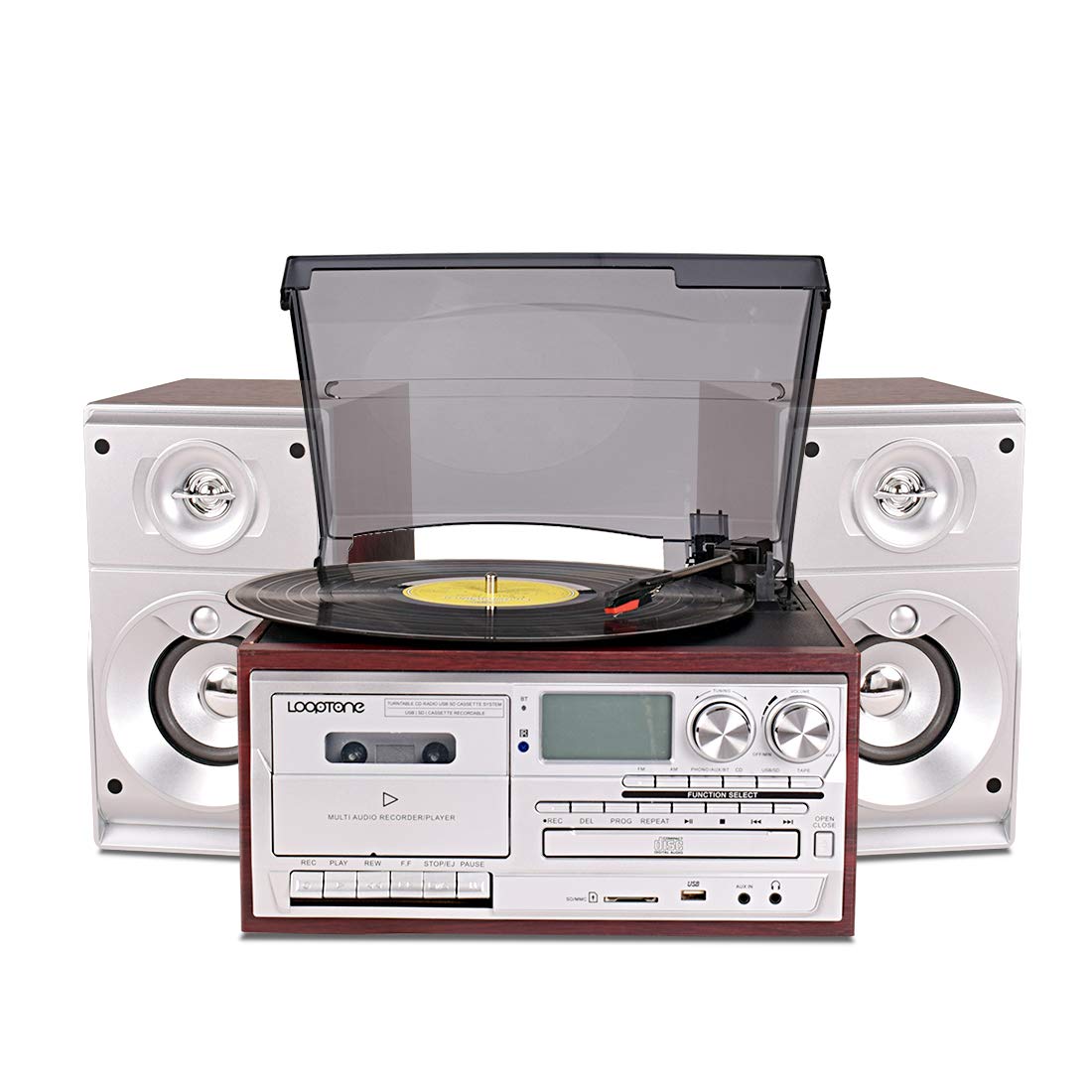 LoopTone vinyl record player front view with dust cover protecting records.