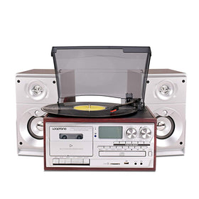 LoopTone vinyl record player front view with dust cover protecting records.