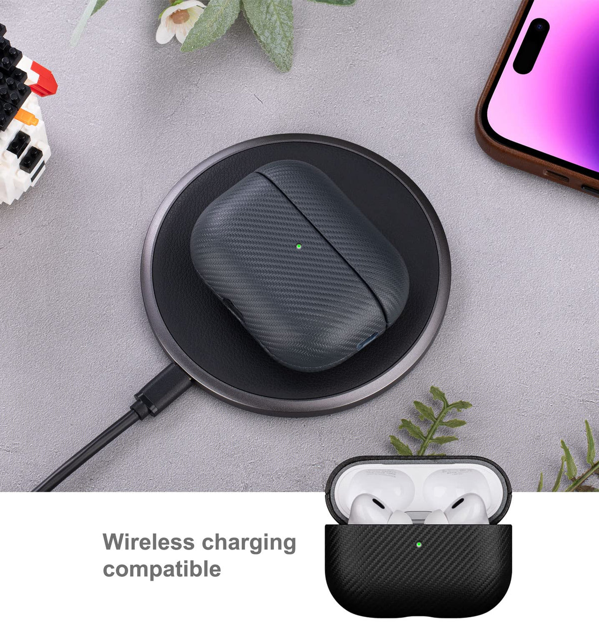Lopie AirPods Pro 2 case wireless charging ready image, convenient charging without removing case.