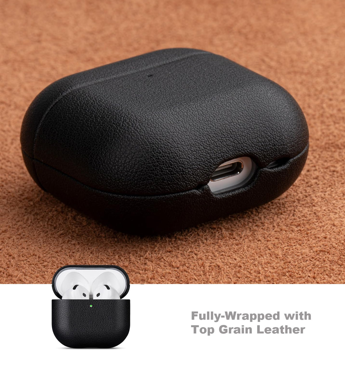 LOPIE AirPods 4 leather case close-up texture reveals patina potential.