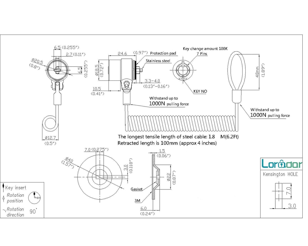 LORADAR 6.2 ft cable lock extends reach for desks and around objects