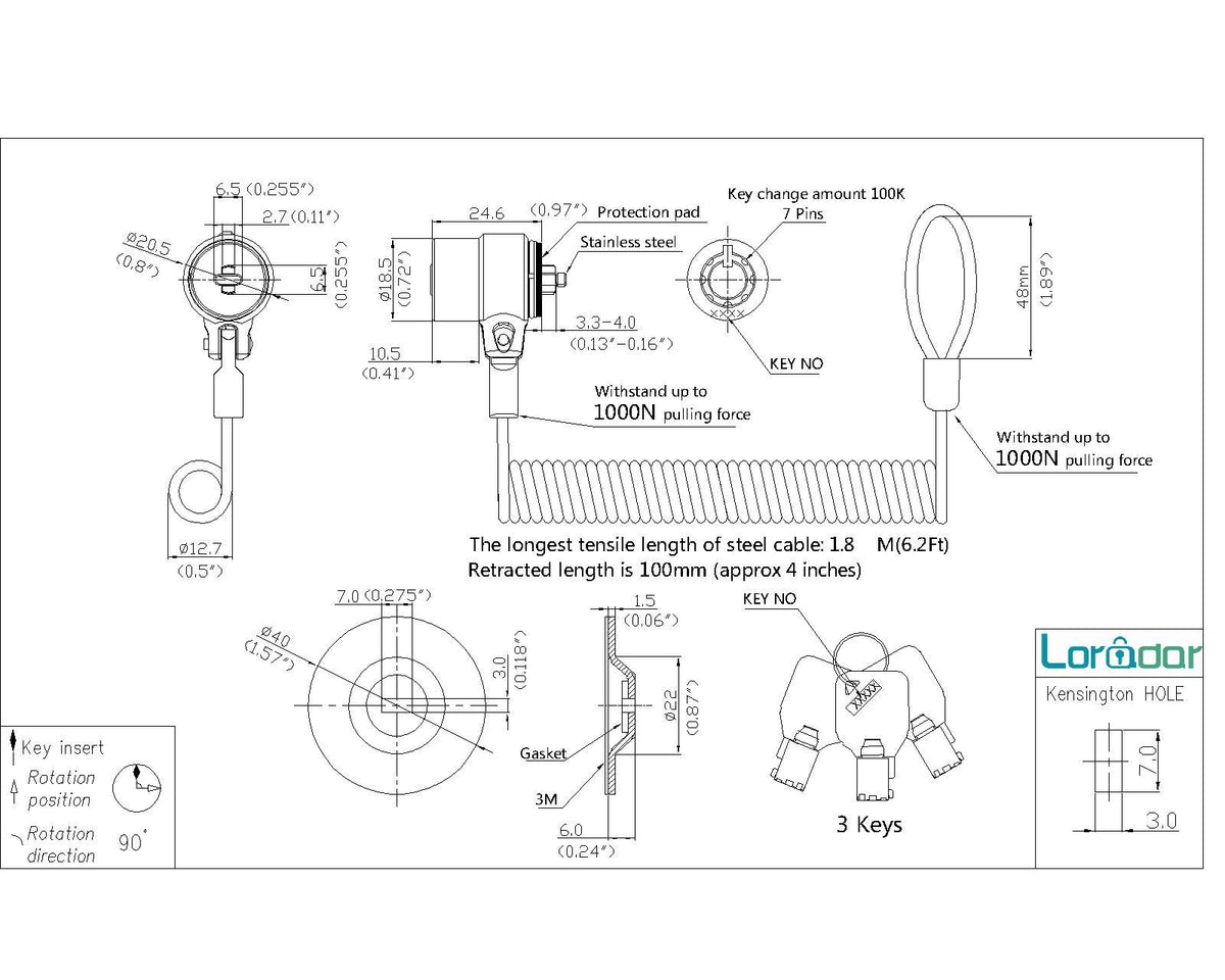 LORADAR retractable 6ft cable lock extending reach for quick device security.
