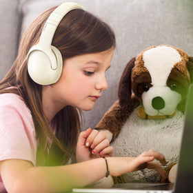 LORELEI headphones beside school supplies showing size and portability benefit