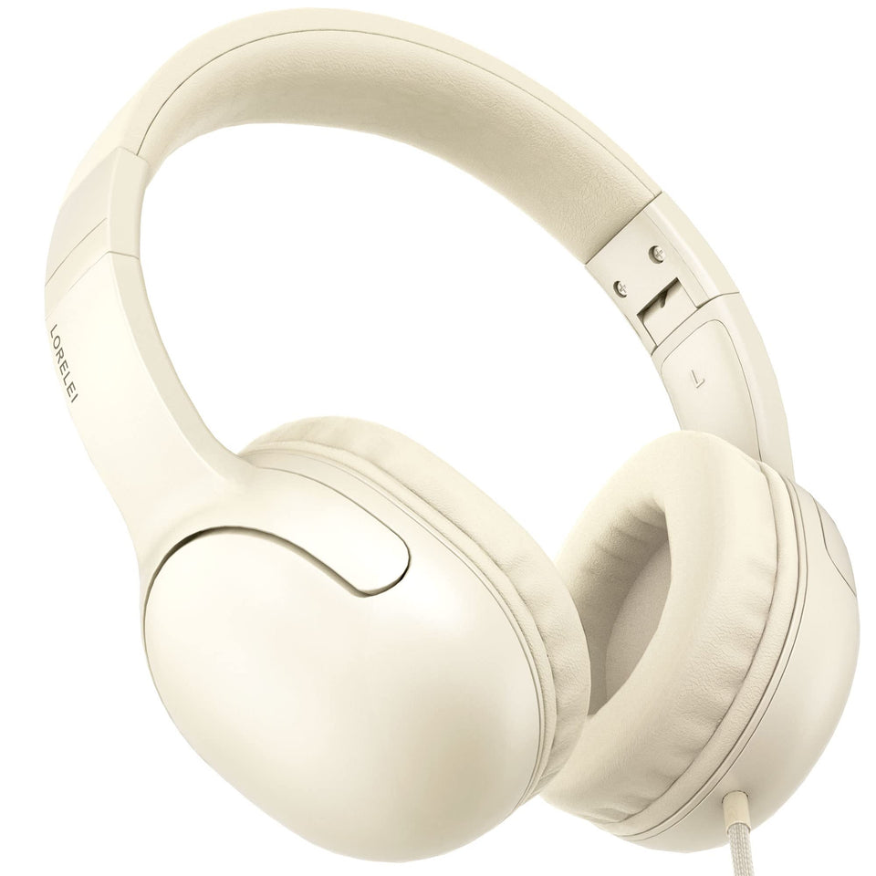 Lorelei E5 headphones front view in beige-white for clear kid-friendly audio.