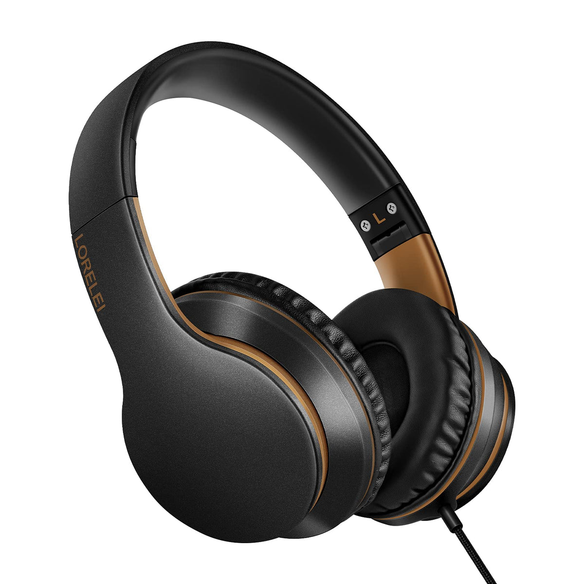 Lorelei X6 over-ear headphones front view in black-gold, highlighting immersive sound and style.