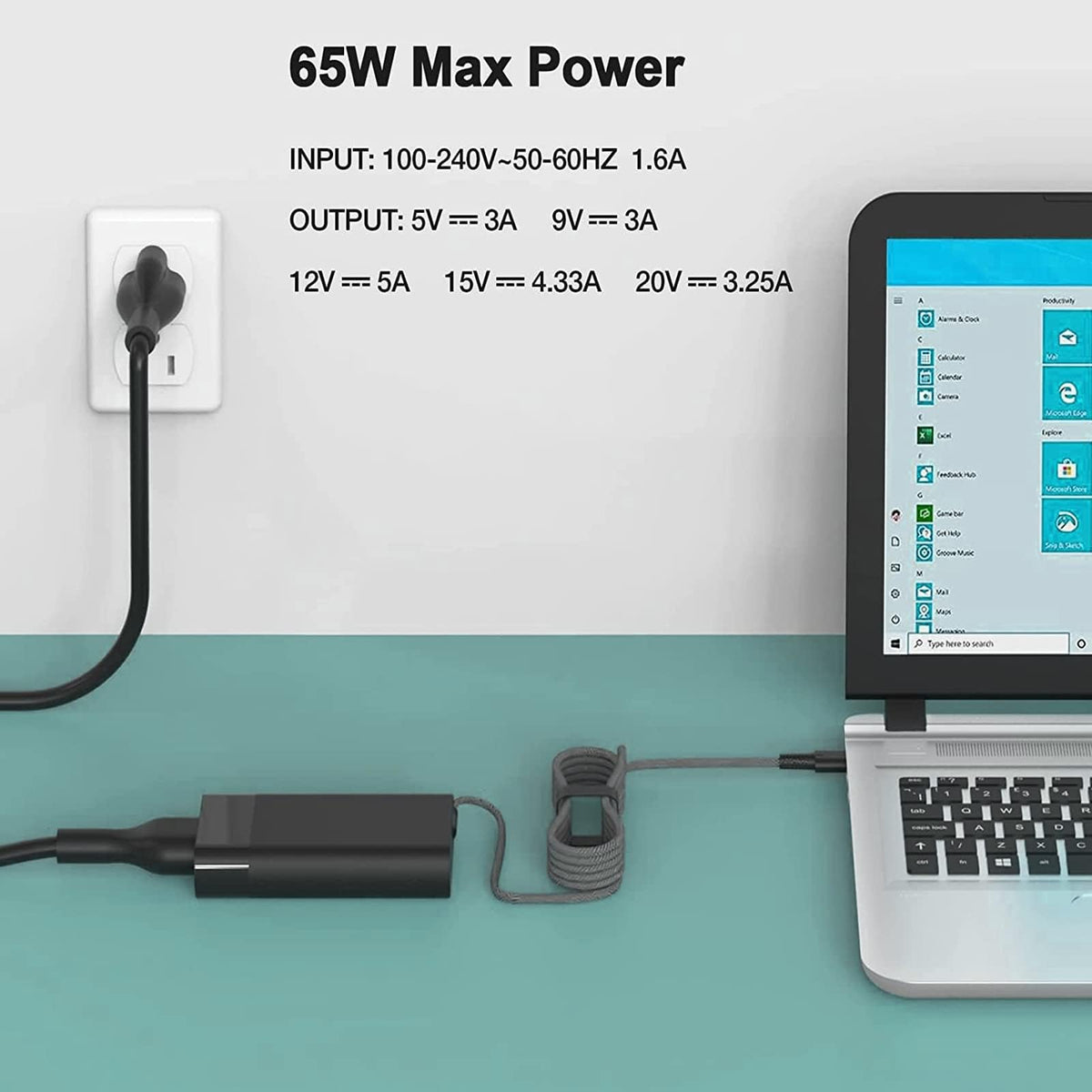 Lossga 65W USB-C charger powering a laptop during a work session
