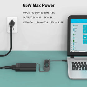 Lossga 65W USB-C charger powering a laptop during a work session