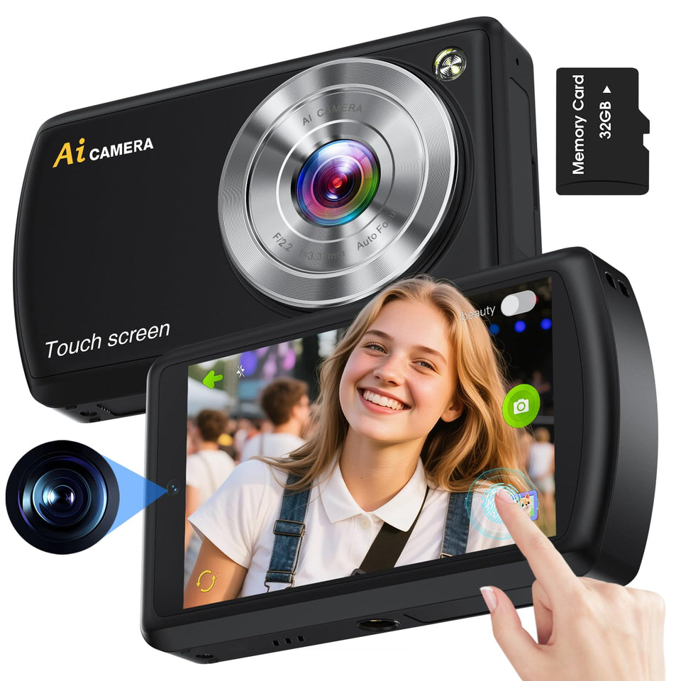 LOUM front view compact camera showing dual lenses and sleek body, great for portability