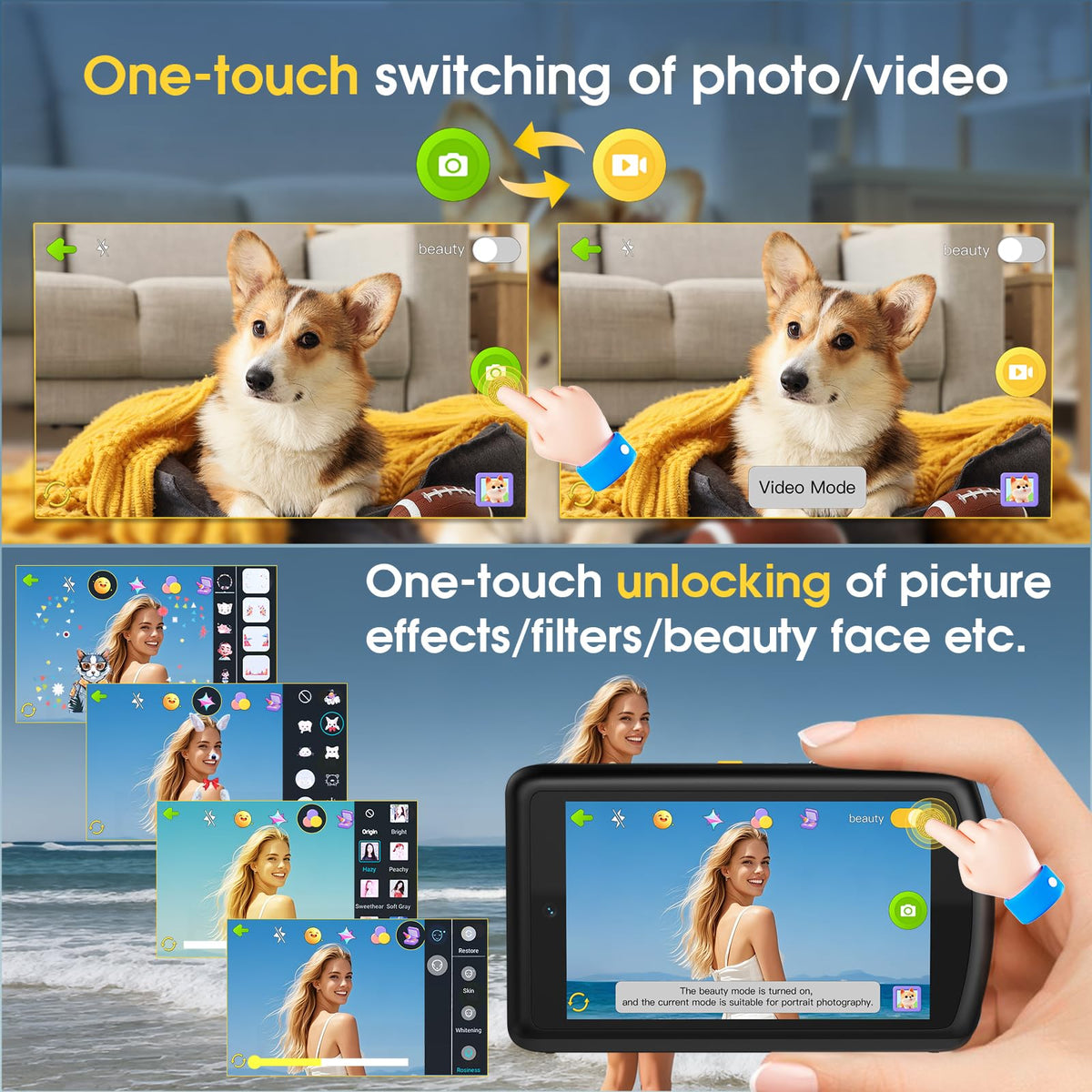 LOUM camera in kids hands outdoors capturing playful moments and encouraging creativity