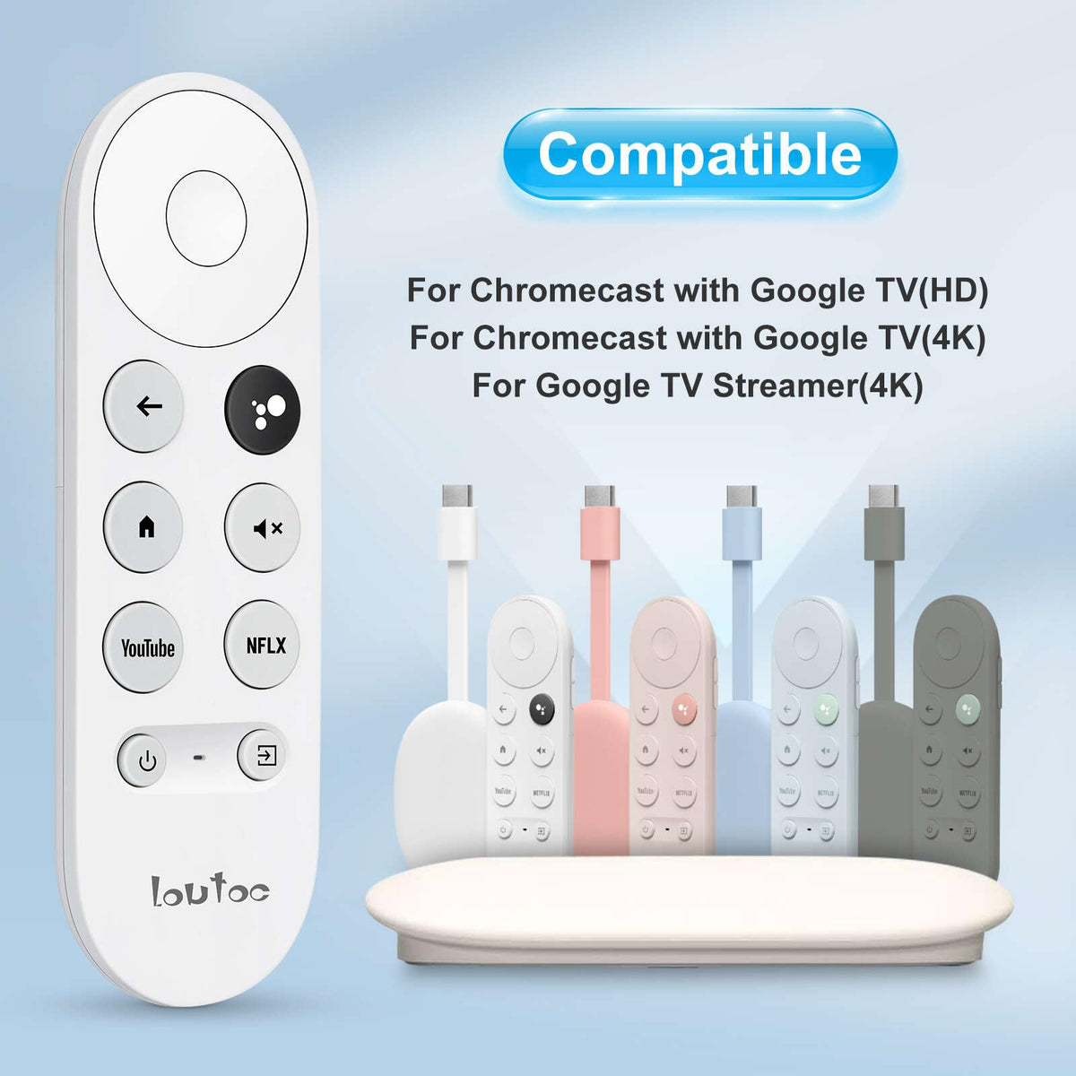 LOUTOC remote side view highlighting its slim, ergonomic profile for comfortable handling.