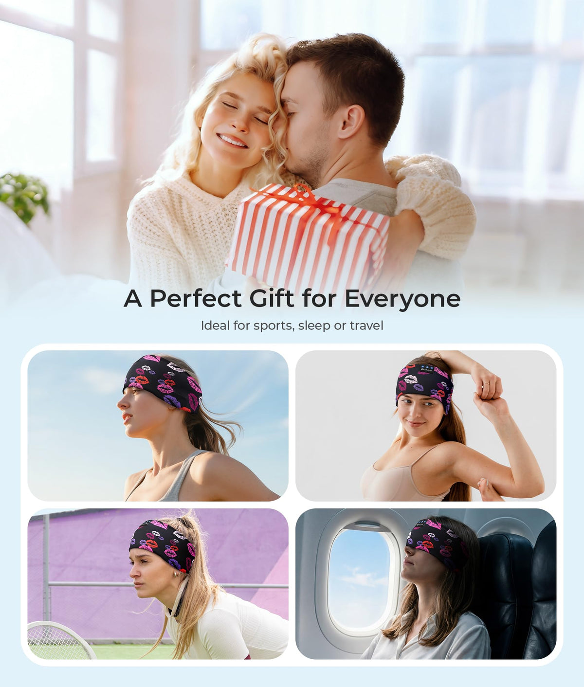 LOVE EYE headband on airplane showing travel-friendly noise isolation