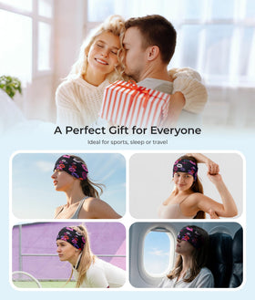LOVE EYE headband on airplane showing travel-friendly noise isolation