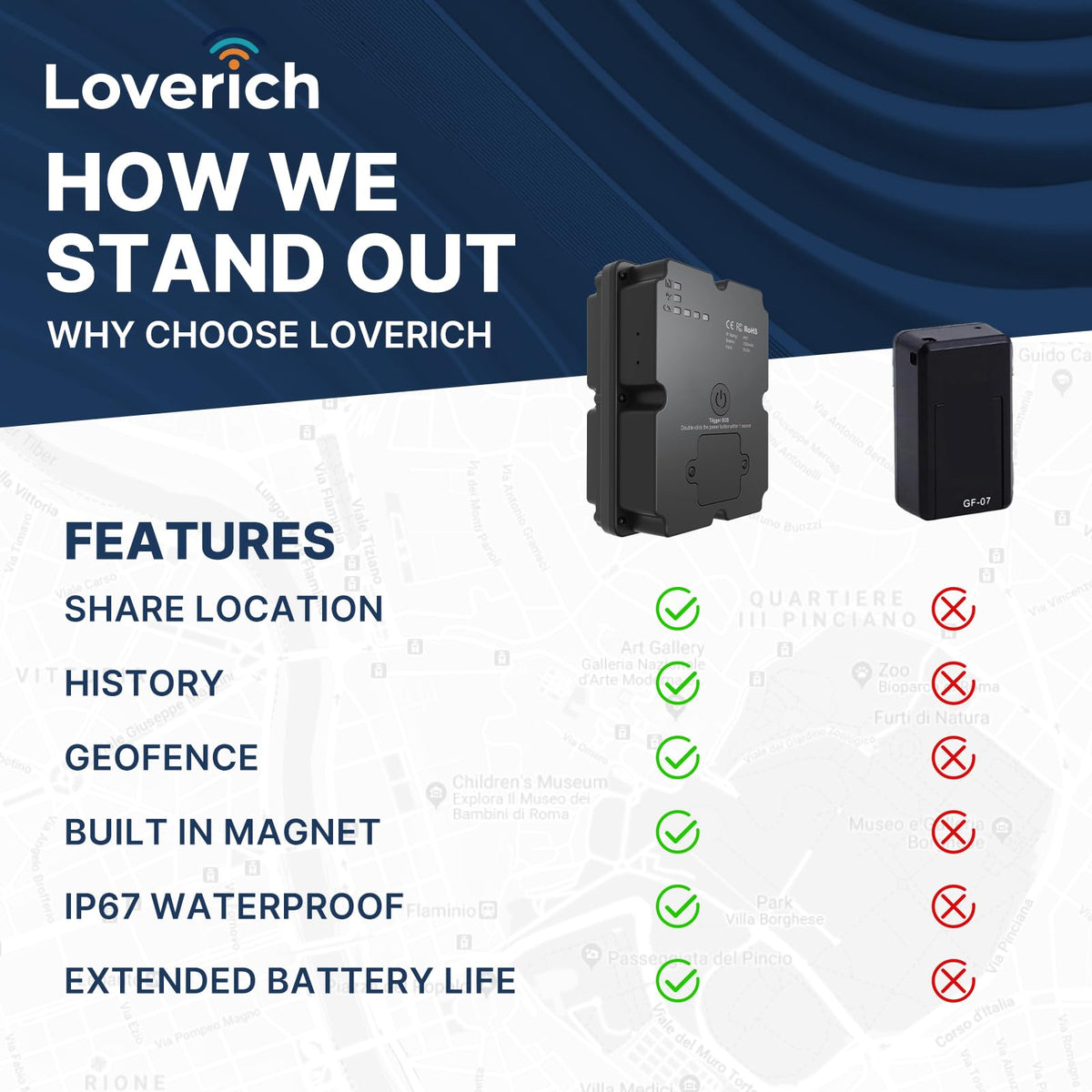 Loverich mobile app map view showing real-time tracking benefit