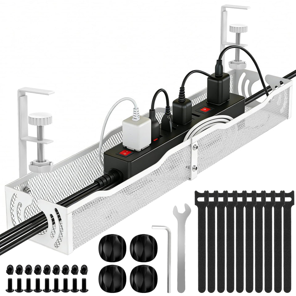 LOVJOYSE under-desk cable tray with no-drill clamp for tidy cords