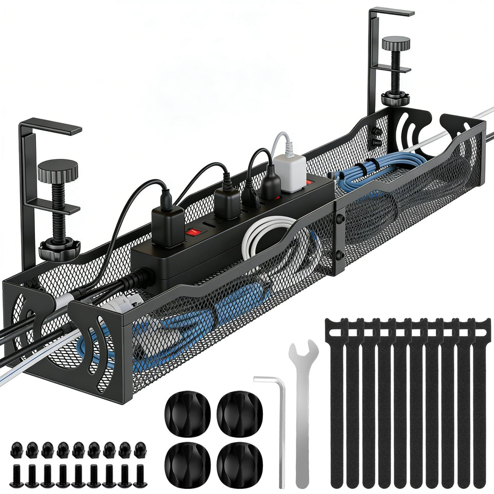 LOVJOYSE under-desk cable tray with drill-free installation for quick setup.
