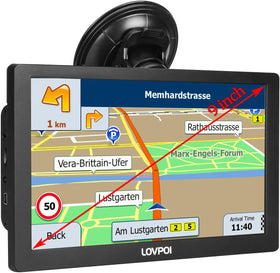 LOVPOI truck GPS with 9-inch screen shows clear navigation for long hauls