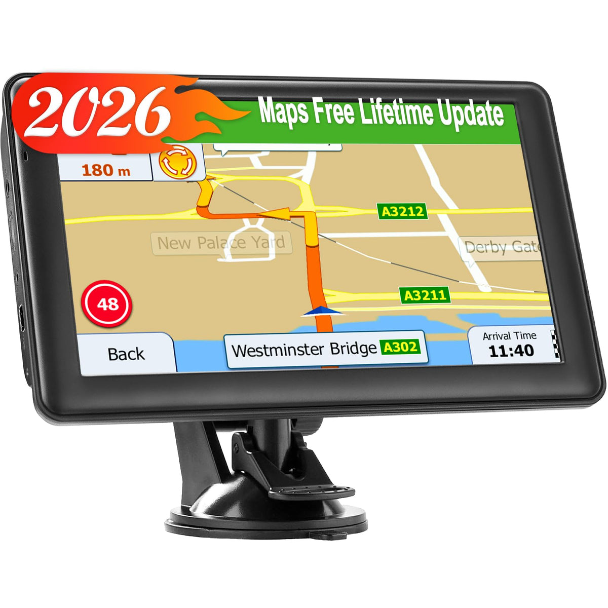 LOVPOI Truck GPS Navigator mounted on dashboard showing clear route guidance for large vehicles