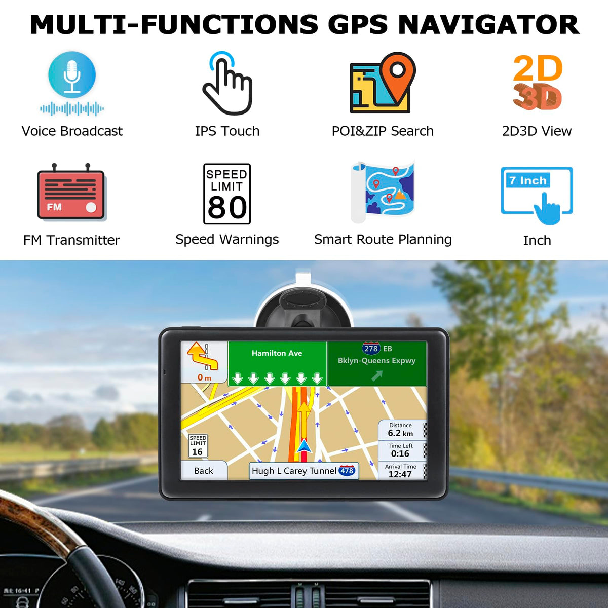 LOVPOI Truck GPS Navigator map screen displaying turn-by-turn directions and real-time updates