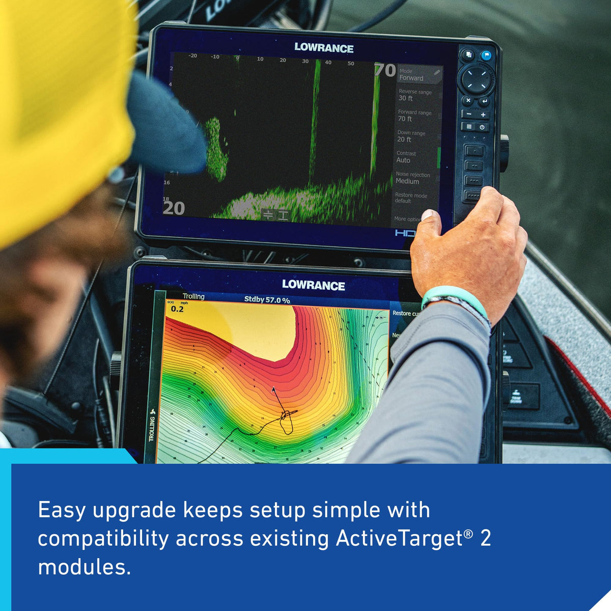Lowrance ActiveTarget 2 XL dual-transducer setup enables wider sonar perspectives.