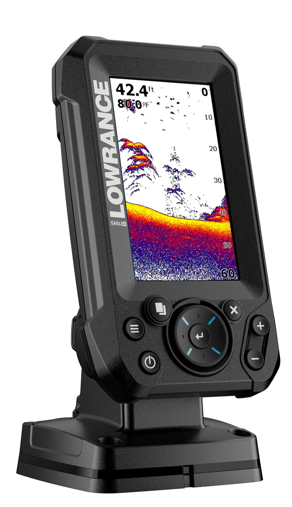 Lowrance Eagle 4x fishfinder with bullet transducer offering wide coverage for quick scanning