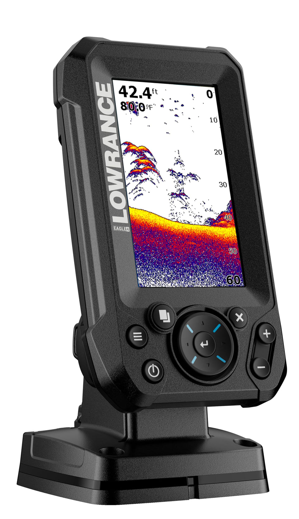 Lowrance Eagle 4x fishfinder with bullet transducer offering wide coverage for quick scanning