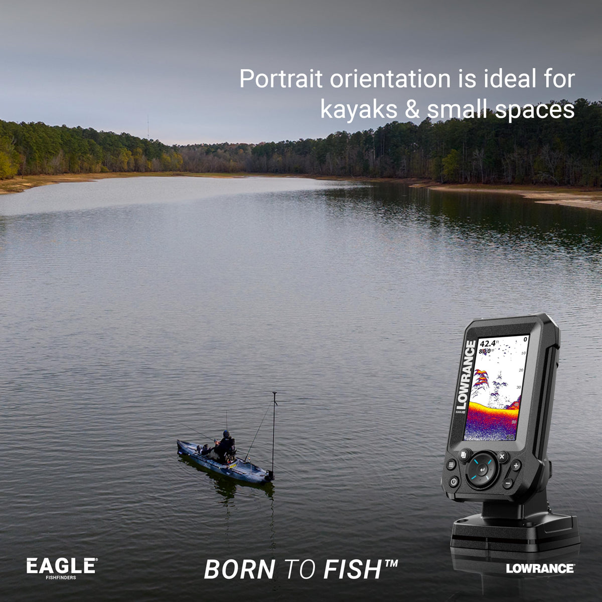 Lowrance Eagle 4x IPS portrait display visible in daylight with clear sonar images