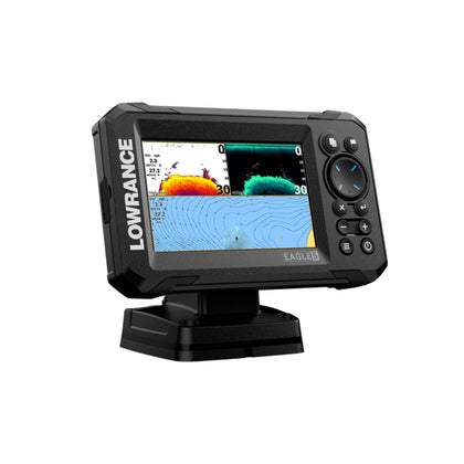 Lowrance Eagle 5 screen clearly visible in bright sun for map and sonar readouts
